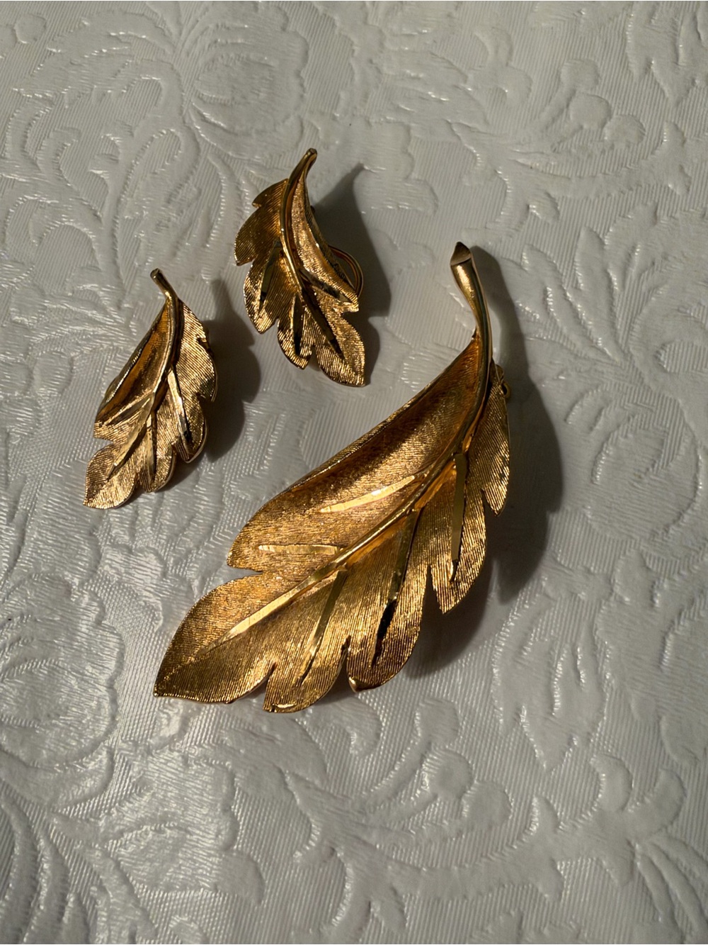 Gold Leaf Earrings with Matching Brooch - Elegant Women's Jewelry